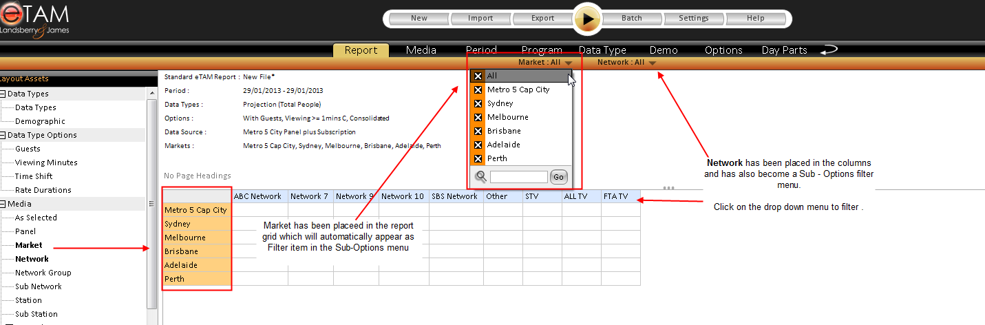 Sub Options in the Report Tab